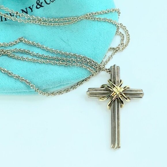 Tiffany & Co Sterling Silver 18 Karat Necklace and Cross Pendant 7.8g 18" JR9828 - Picture 1 of 7